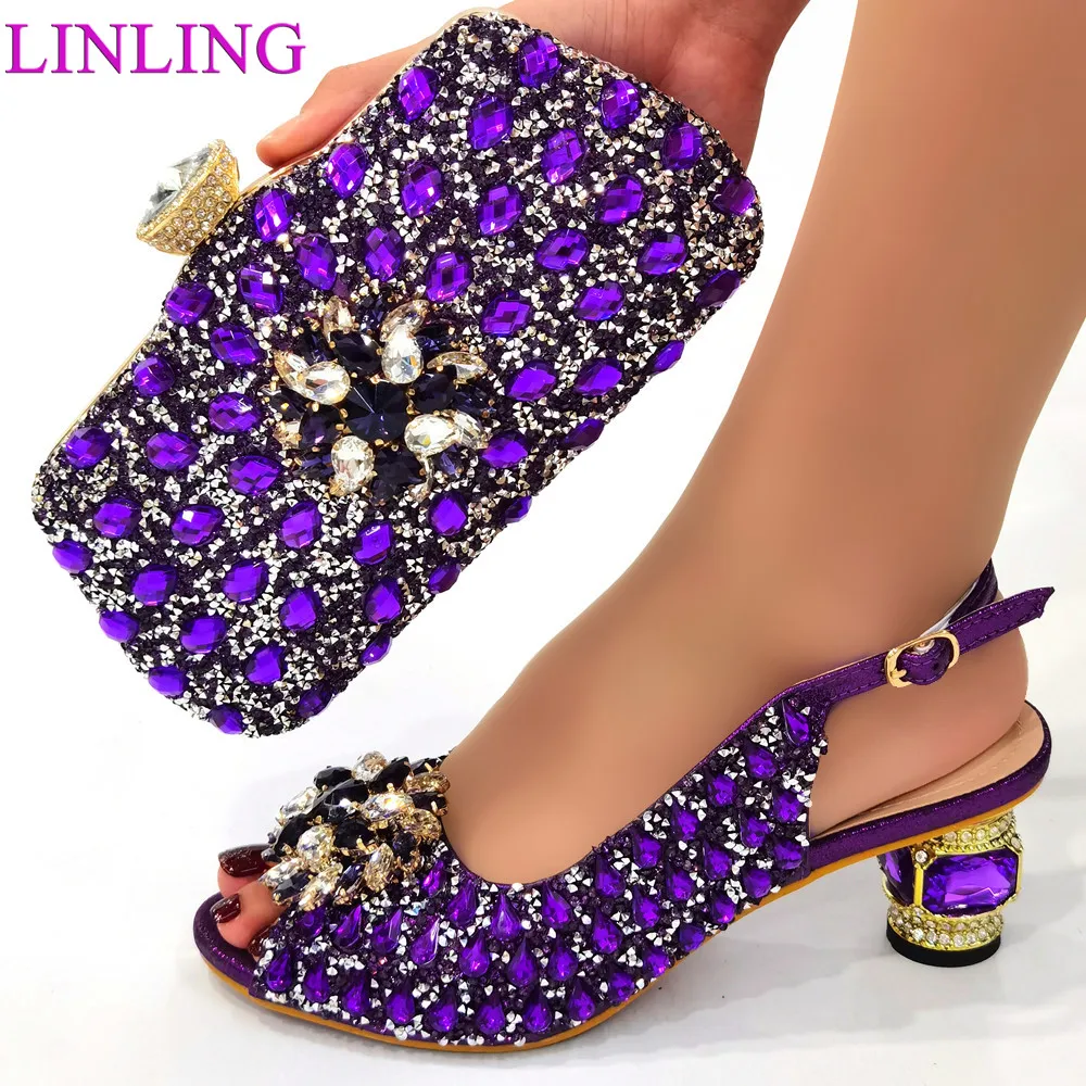 

New Fashion African Women Wedding Shoes and Bag Set Decorated with Rhinestone Designer Shoes Women Luxury Nigerian Pumps