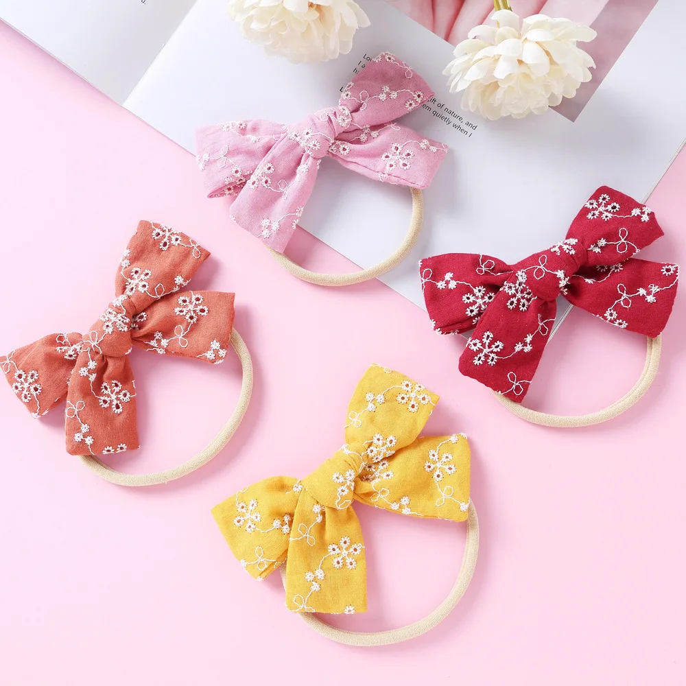 

Cotton Lace Baby Headband Nylon Solid Soft Chidlren Hairband Korean Bowknot Girls Scrunchies Embroided Hair Rope Photo Props