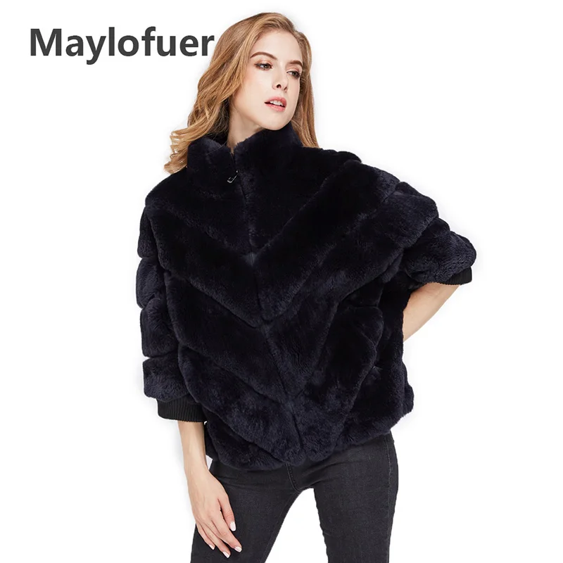Maylofuer Настоящее Рекс Кролика Шуба Полные Шкуры Пальто Женщин Полосатый Меховой