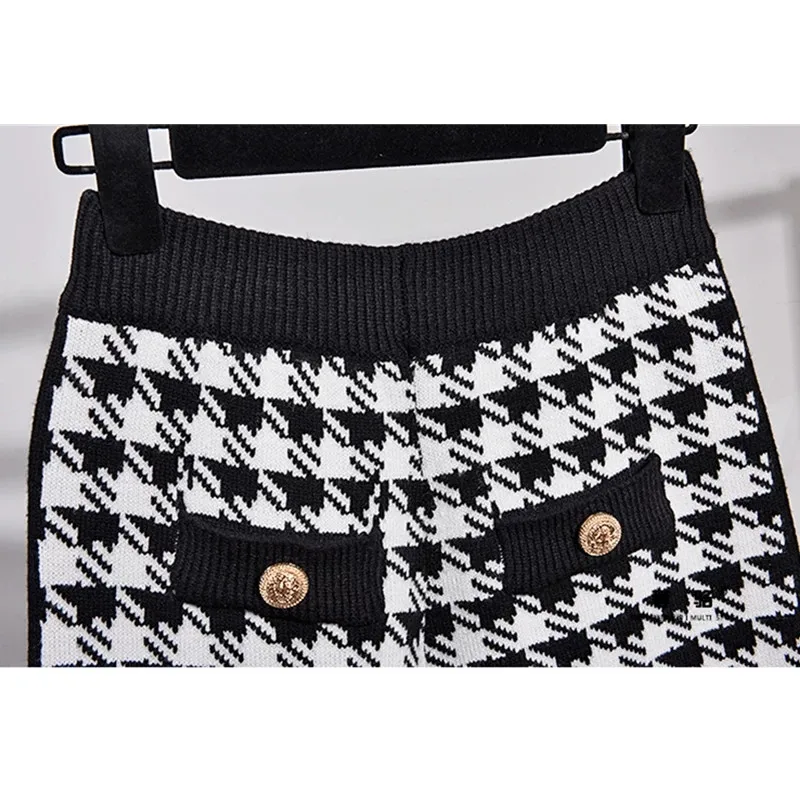 Fashion Houndstooth Knit Cardigan Jacket 2 Piece Set Ladies Autumn Long Sleeve Coat+Bloomers Pants Women Suit Winter chandal