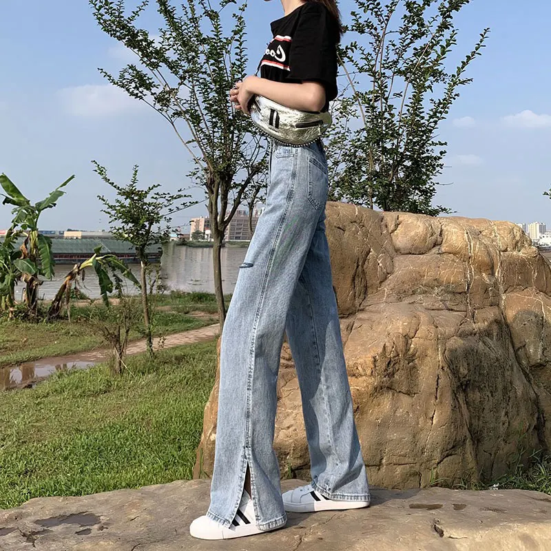 

Women's Split Wide-Leg Jeans 2021 Spring and Summer Korean Style High Waist Straight Loose Casual Ripped Mop Pants