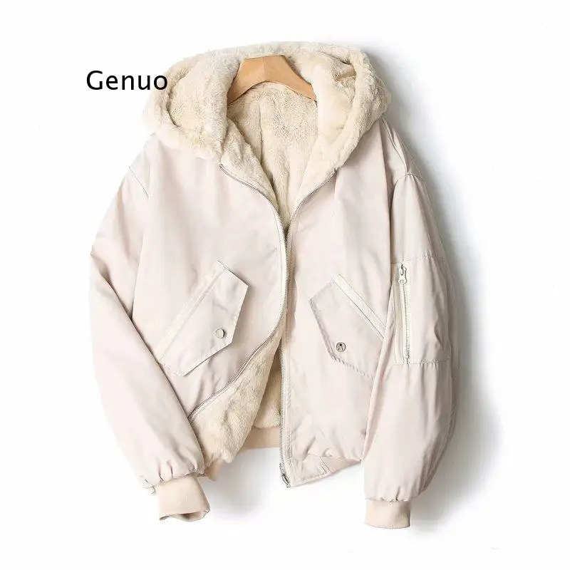 Autumn and Winter European and American Women's Double-Sided Flying Jacket Jacket Thickening Plus Fleece Jacket Cotton