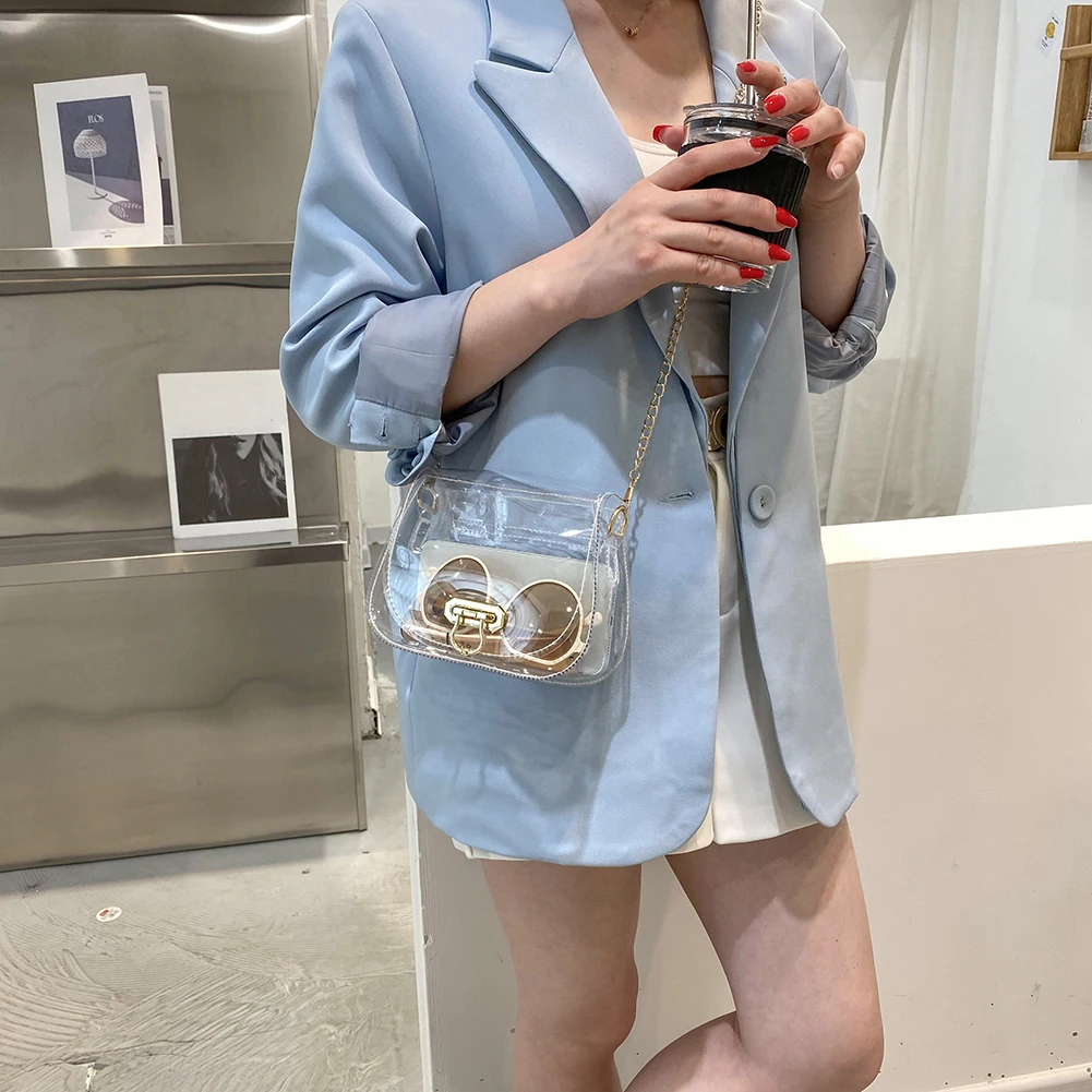 

Fashion Women Clear Shoulder Bag Ladies Solid Color Chain Small Messenger Bags Small Jelly Handbags Flap Purse