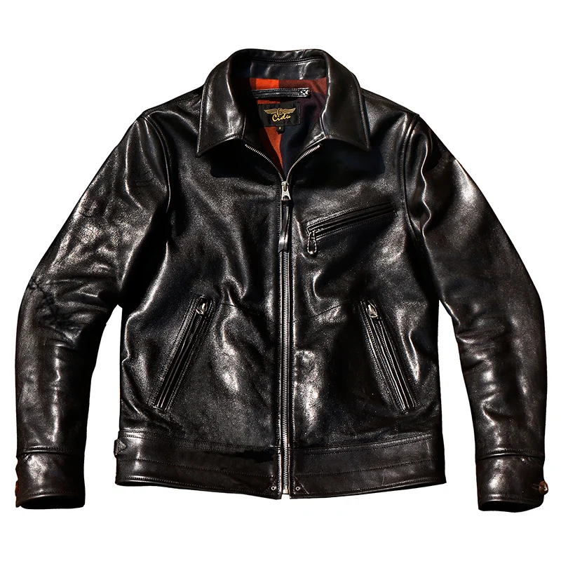 

YR!Free shipping.sales.classic rider leather jacket.black tea core horsehide biker coat.men 1.3mm hard quality leather clothes