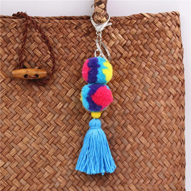 

New Bohemia Style Colorful Fur Ball Tassel Key Chains Hand-Woven Plush Keychain Women Ladies Bag Pendant Accessories Keyring
