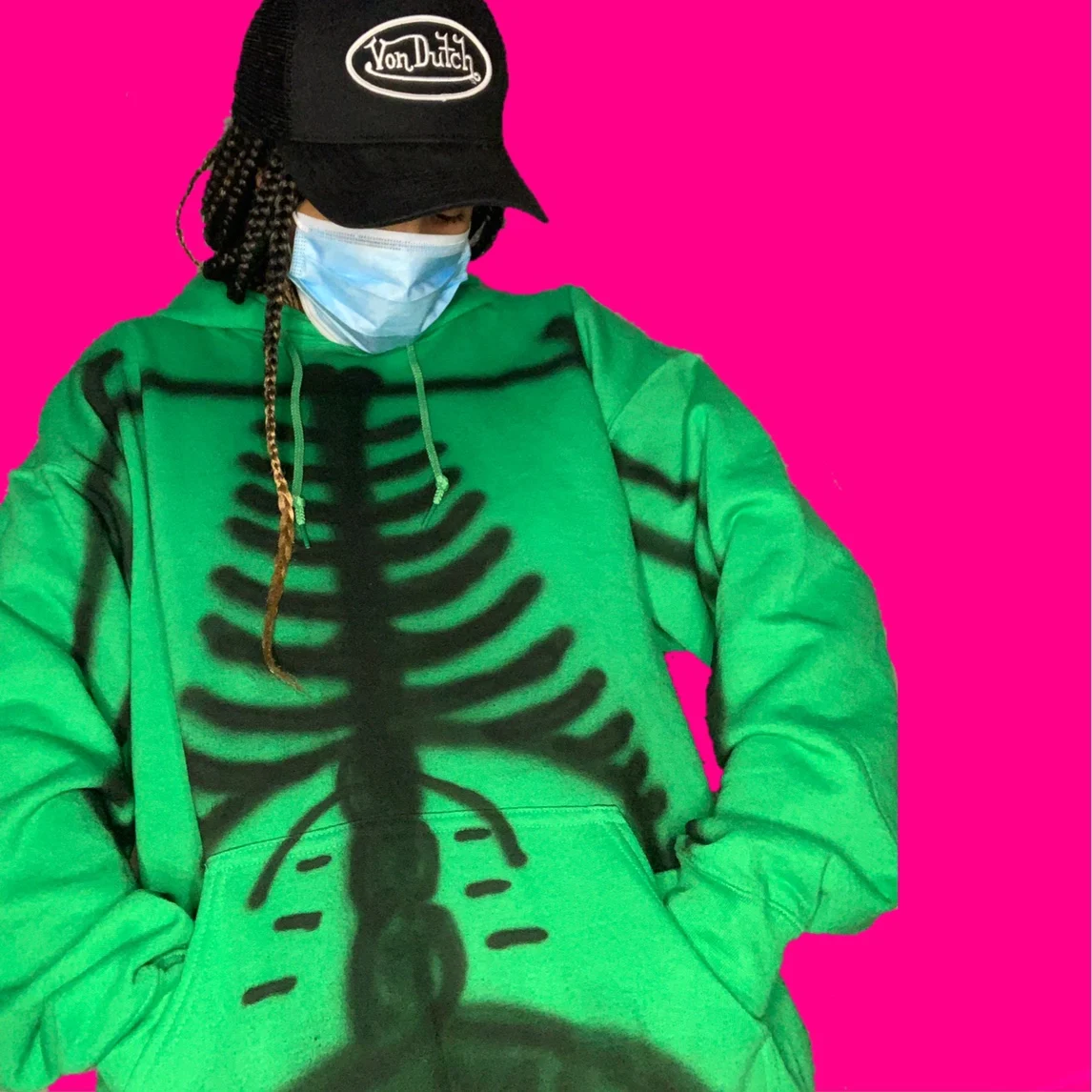 

Women Skeleton Print Drawstring Hooded Sweatshirt, Loose Fit Long Sleeve Pullover with Front Pocket