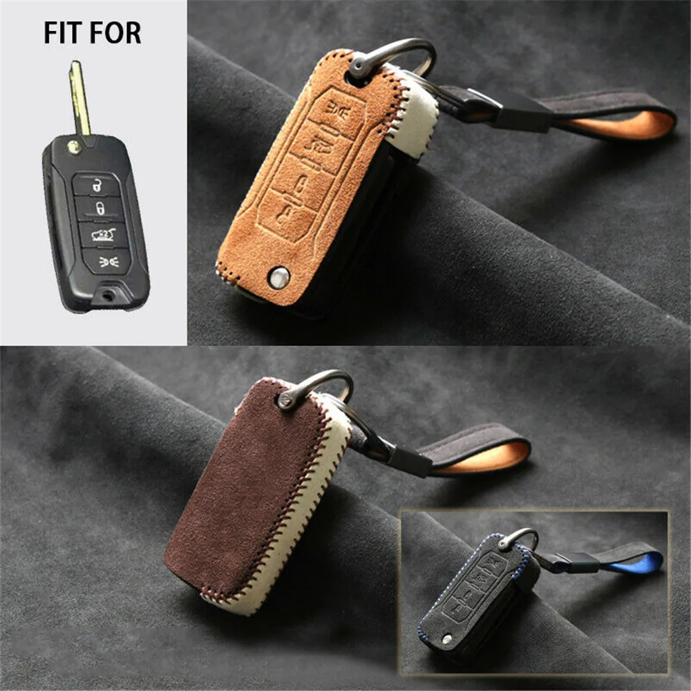 Suede Leather Car Flip Remote Smart Key Cover Case Shell Holder Fob with Keychain Fit For Jeep Renegade 2015 2016 Accessories
