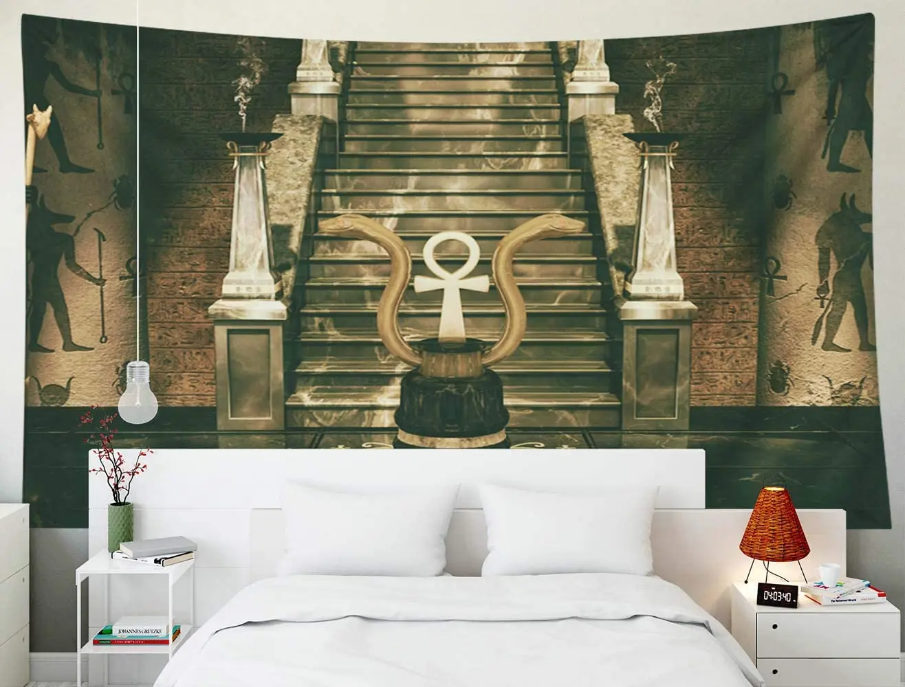 Tapiz de dos serpientes doradas y una cruz egipcia, geoglifos, arte psicod&eacute;lico dorado de Ho Me Lili, para decoraci&oacute;n de dormitorio-4