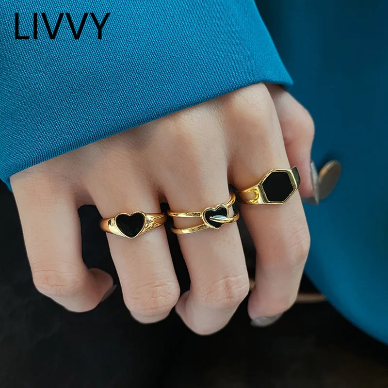 

LIVVY Simple Fashion Korean Vintage Black Heart Glaze Silver Color Rings for Women Couple Punk Party Jewelry Gift