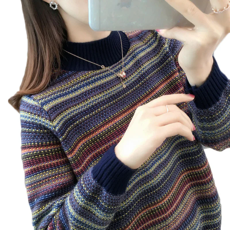 

Women Sweater Pullover Autumn Winter Clothes New Fashion Striped Half Turtleneck Long-sleeved Knit Sweater Casual Female Tops