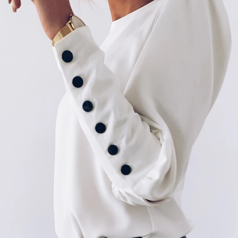 

2021 Spring Autumn O Neck Ruffle Solid Shirts Elegant Office Lady Back Metal Buttons Blouses Casual Women Long Sleeve Chic Tops