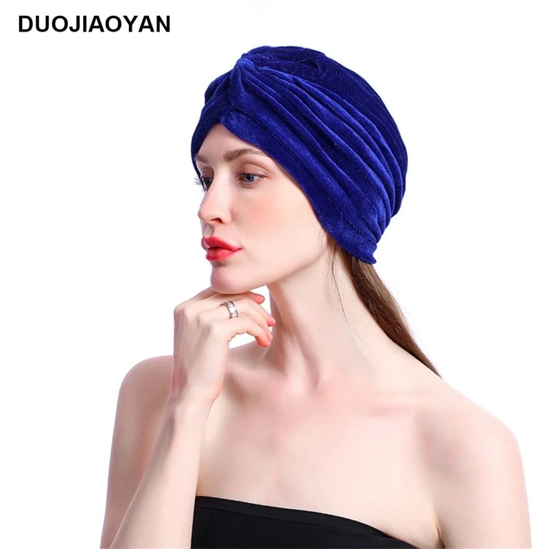 

DUOJIAOYAN Velvet Soft Girl Turban Pure Color Head Warp Eur-America Muslim Headscarf Bandana Hat Women Bohomain Hair Accessories