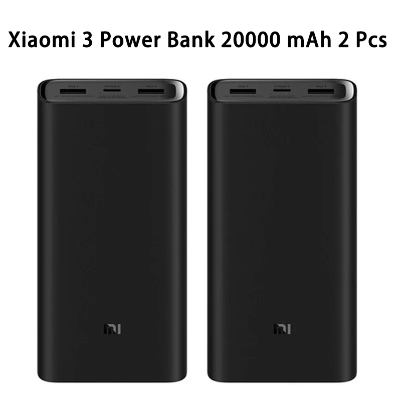 Mi 3 20000 mAh 2pcs Внешний аккумулятор Xiaomi, 20000 мА/ч, 2C, внешний аккумулятор, портативная зарядка, двойной USB QC3.0Mi, 20000 мА/ч, внешний аккумулятор, зарядное устройство для телефона - Цвет: Mi 3 20000 mAh 2pcs