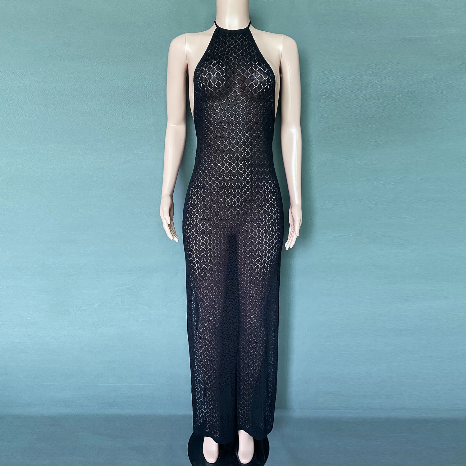 

Summer Dress Women Sleeveless Halter Sexy Backless Maxi Dress Women Knitted See Through Beachwear Holiday Long Split Dresses
