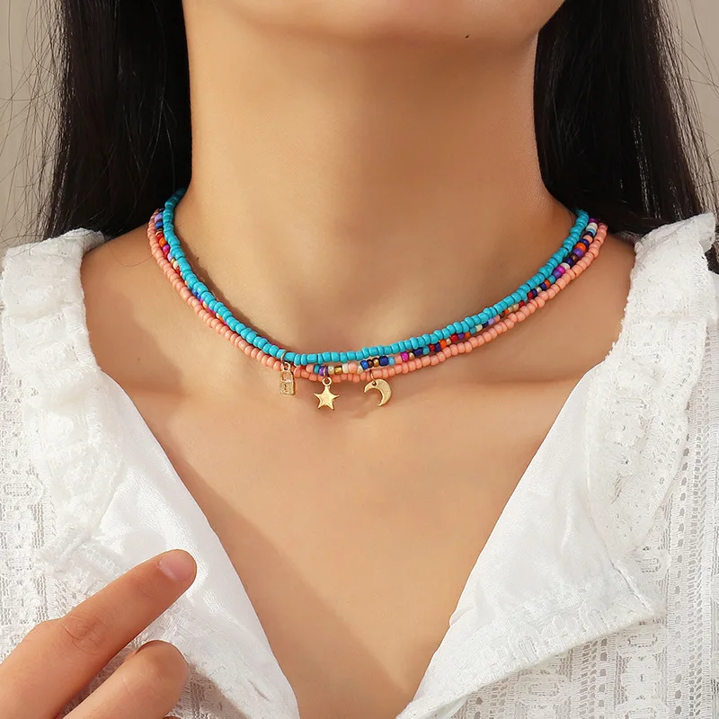 

3pc/Set Outer Bank Colorful Beads Pendant Necklaces For Women Vintage Star Moon Charm Necklace Boho Fashion Chain Choker Jewelry