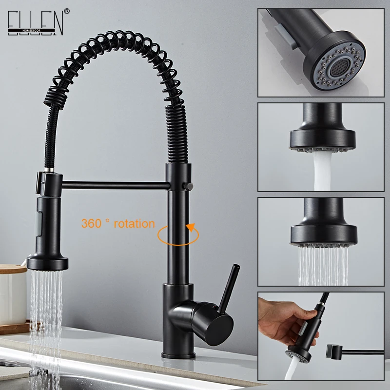 

Deck Mounted Flexible Kitchen Faucets Pull Out Mixer Tap Black Hot Cold Kitchen Faucet Spring Style with Spray Mixers Taps E9009