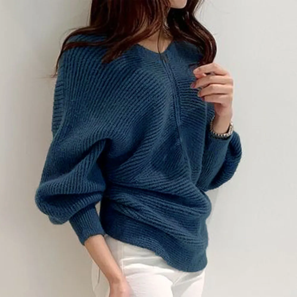 V Neck Twisted Back Sweater Women Korean Elegant OL Chic Knitted Pullovers Casual Tops Long Sleeve Solid Loose Jumper pull femm | Женская