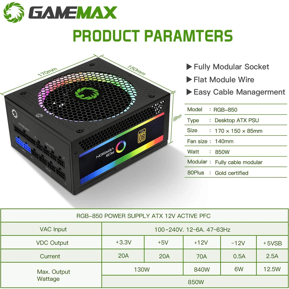 GameMax БП True Номинальная 850 Вт RGB Питание полностью модульный с сертификацией 80 Plus Gold