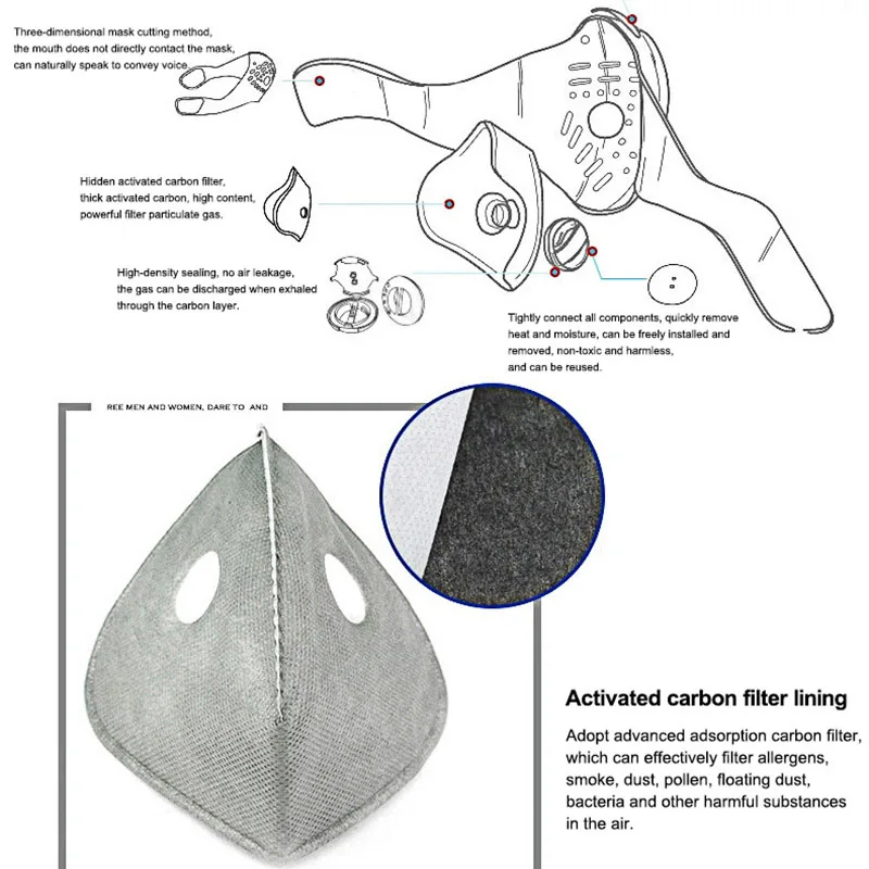 Анти PM 2 5 Пылезащитная велосипедная маска для лица с фильтром из активированного