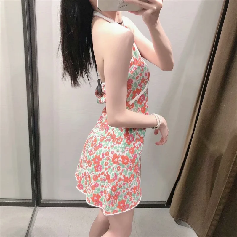 

Za 2021 Summer V-nack Pink Knitting Casual Fashion Halter Print Hanging Neck Academic Sandy Beach Party Buttons Short Dress