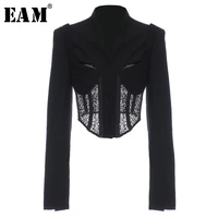 eam women black lace irregular short blazer new lapel long sleeve loose fit jacket fashion tide spring autumn 2021 1y566