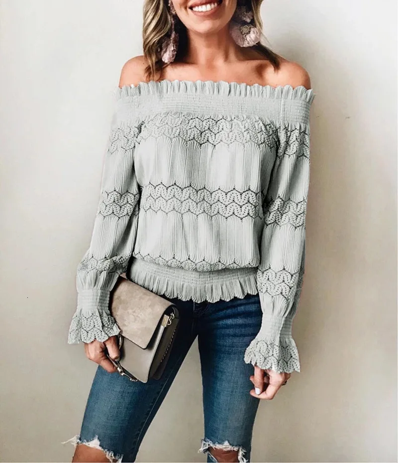 Hot Sale 2019 Autumn Winter Fashion One-Shoulder Lace Long Sleeve T-Shirt Solid Color Off Shoulder New Backless Tops |