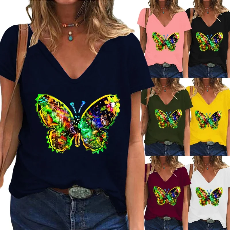 

Женская летняя футболка с принтом бабочки, Повседневная футболка с коротким рукавом и глубоким V-образным вырезом, однотонный пуловер, блуз...