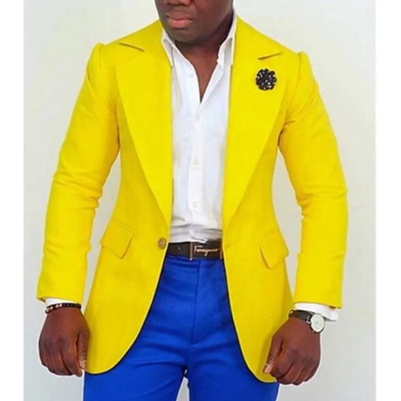 

Men Suit 2 Pieces Slim Fit Business Suit Men Casual Terno Masculino Yellow Jacket With Royal Blue Pants Wedding Groom Tuxedo