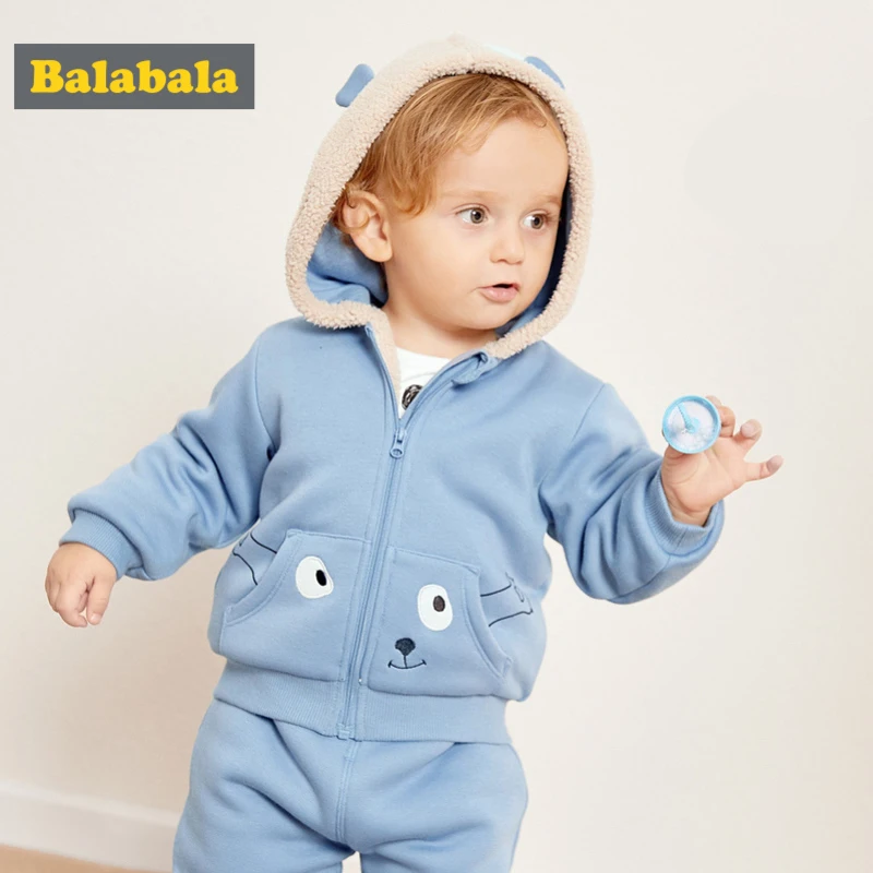 Balabala/Детская куртка с капюшоном на подкладке из искусственного меха для маленьких мальчиков и девочек толстовка на молнии+ штаны без застежки, комплект одежды для новорожденных, зимний комплект