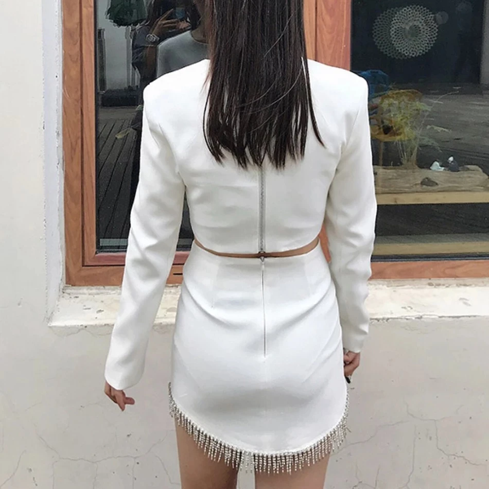 

2021 Summer New Women'S Slim 2 Two-Piece Set Heavy Industry Diamond Tassel Long Sleeve Short Top & High Waist Skirt Bandage Set