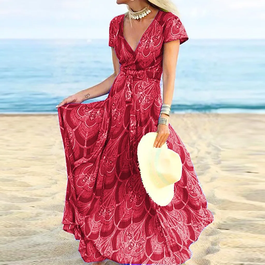 Женское пляжное платье-трапеция Длинное свободное платье макси с v-образным