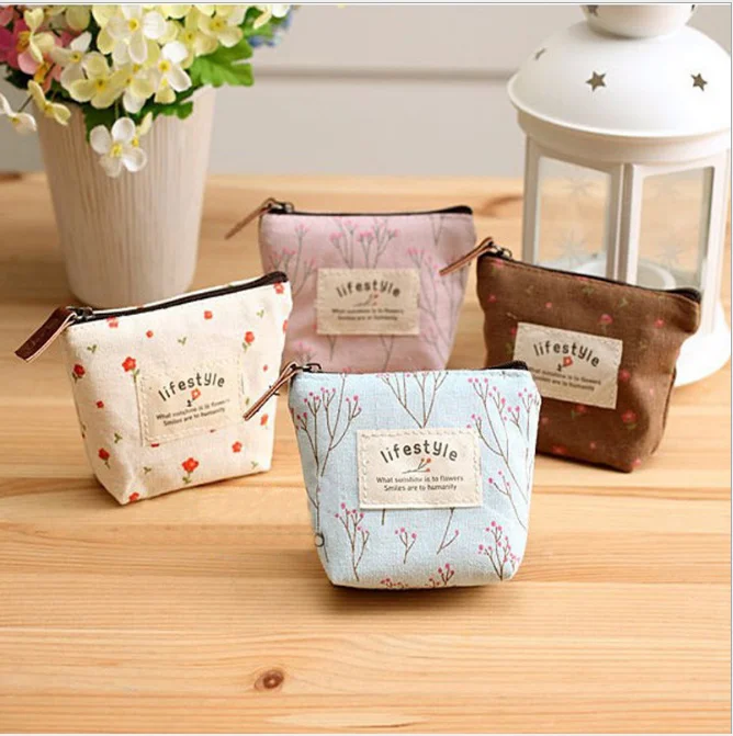 Холщовые мини-кошельки с цветочным рисунком для монет ключей карт кошельки на