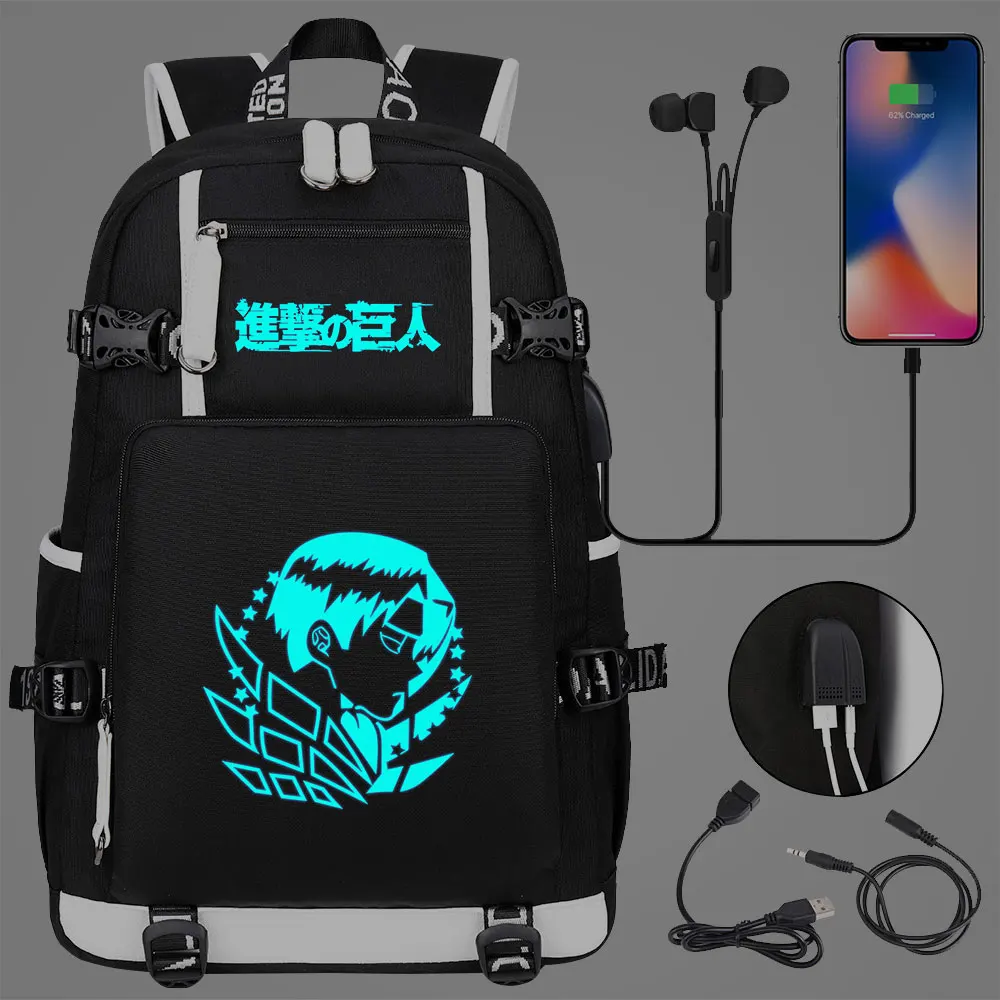 

Школьный ранец унисекс, синяя светящаяся сумка «атака на Титанов» с USB-разъемом для мальчиков и девочек, вместительные школьные ранцы для ст...
