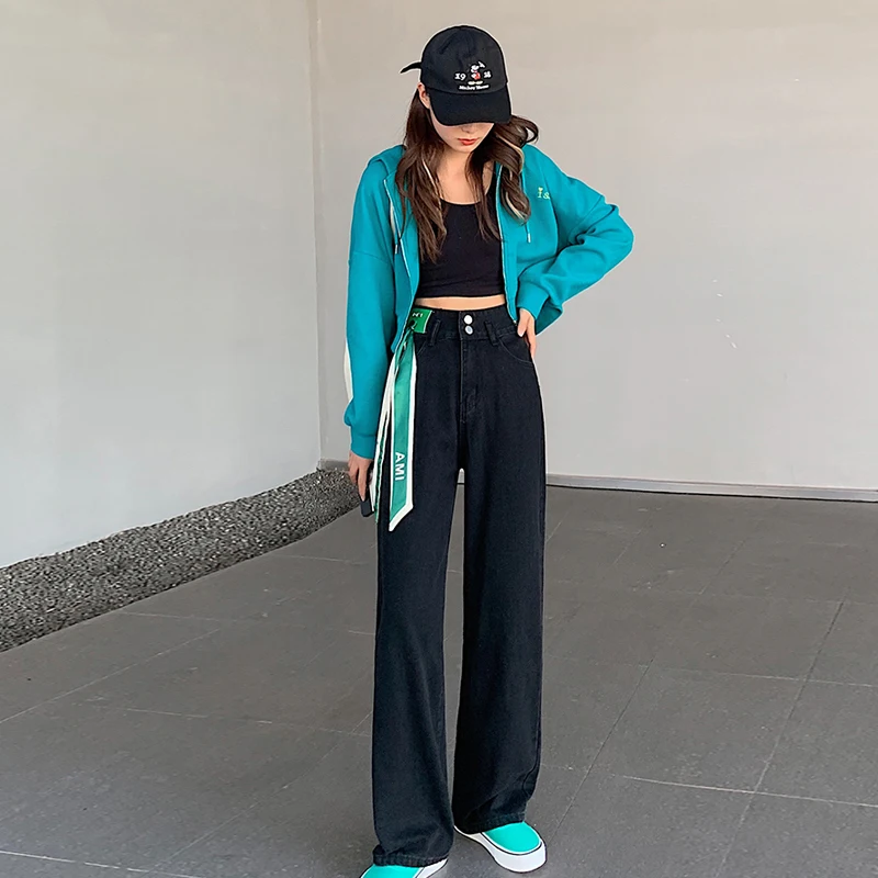 

2021 spring and autumn new loose high-waisted wide-leg mopping design jeans casual all-match women's trousers