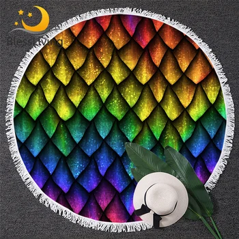 BlessLiving Dragon Scales Beach Towel With Drawstring Backpack Bag Rainbow Round Microfiber Towel Colorful Tapestry Playa Toalla 1