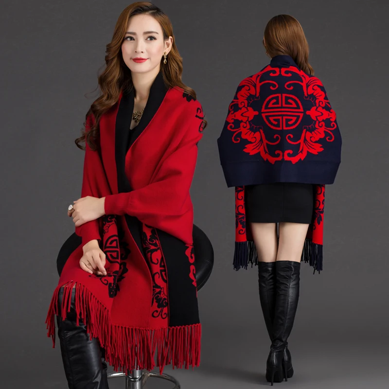 

QILA New Plus Size Loose Chinese Style Jacquard Winter Poncho Knitted Women Cardigan Shawl With Sleeve Inverness Womens Cape