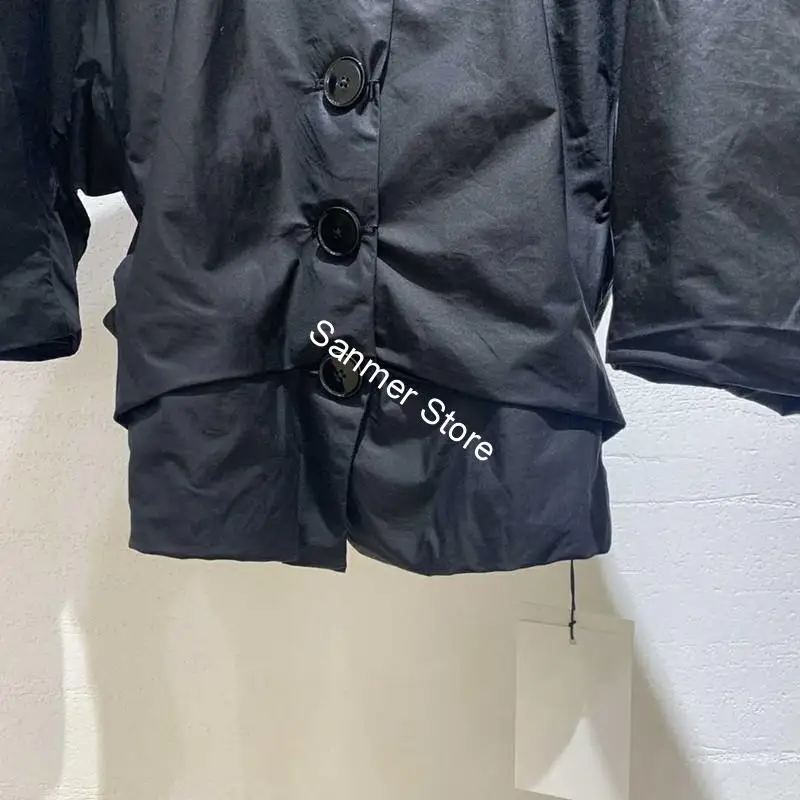 

100% Cotton Women's Shirt Black Half Puff Sleeve O-neck Curved Slim Top Lady Single Breasted Short Blouse