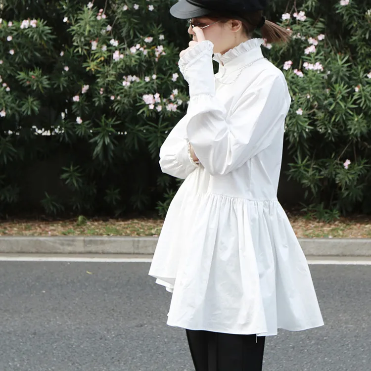 

Кружевная рубашка с воротником, конические манжеты, белая Асимметричная блузка средней длины для леди, Асимметричная рубашка