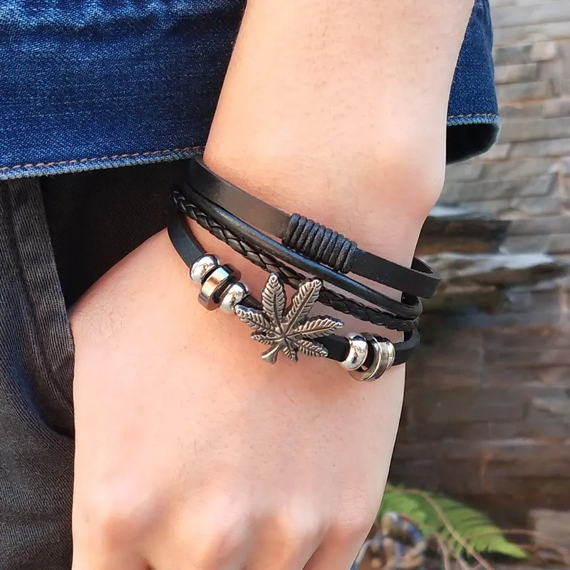 Многослойный кожаный браслет с шармами двойной череп геометрические бусины