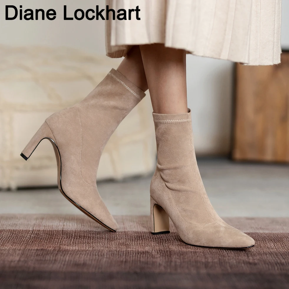 

Women Black Ankle Sock Boots 2020 Fashion Spring Autumn Stretch Boots Chunky High Heels Pointed Toe Women's Shoes Booties Female