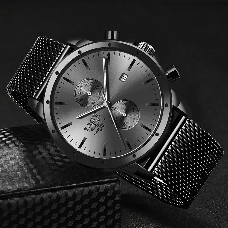 

Watch Men 2022 LIGE Fashion Brand Top Casual Mens Watches Big Dial Waterproof Quartz Clock All Steel Mesh Belt Sport Chronograph