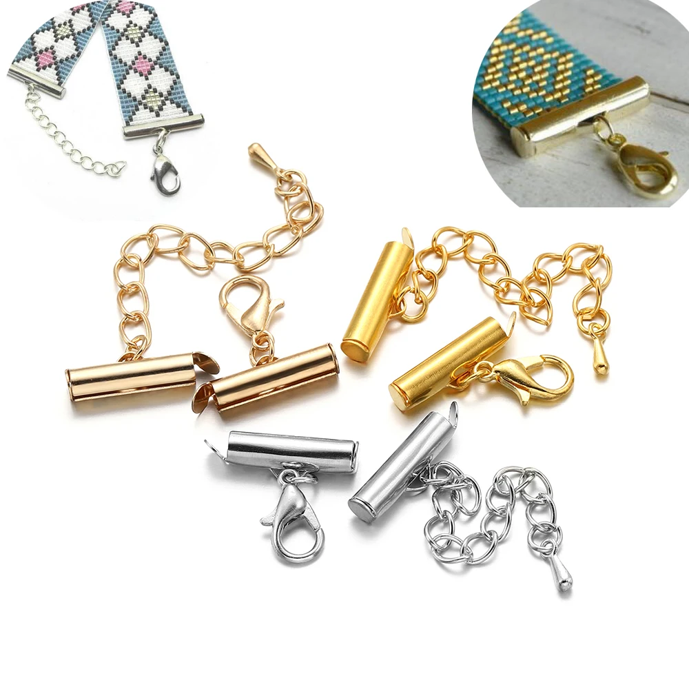 10set/lot Slide On End Clasps Crimp Buckles Tubes Slider Caps Lobster Chains For DIY Jewelry Making Findings | Украшения и