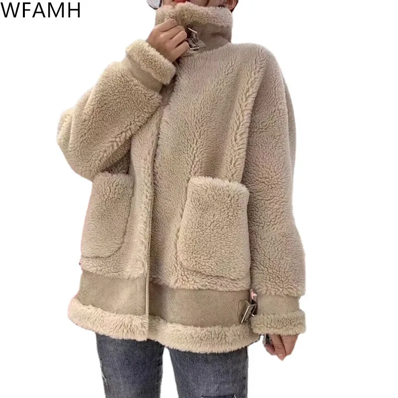 2021 Autumn And Winter New Fashion Collar Buckle Wool Granular Fleece Sheep Shearing Fur Fur Coat Women Wide-waisted Pockets