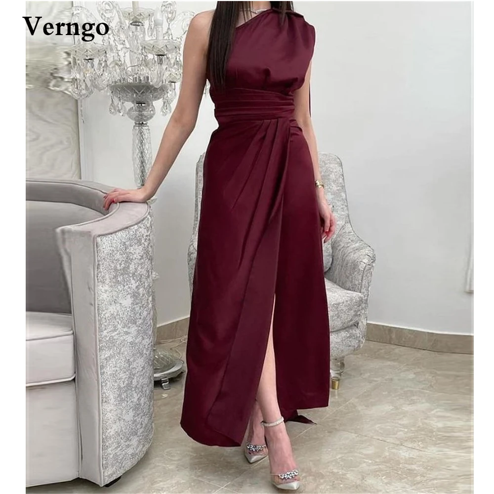 

Verngo Dark Burgundy Satin Evening Dresses One Shoulder Pleats Slit Prom Gowns Ankle Length Formal Party Dress Women Garment