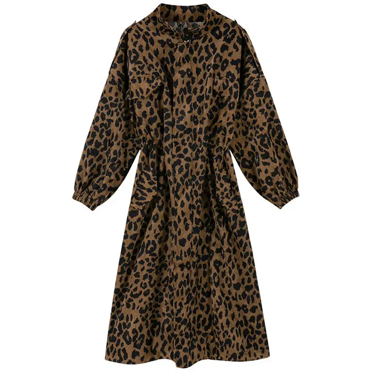 

Leopard windbreaker women's mid long autumn 2021 popular thin Korean loose tooling jacket