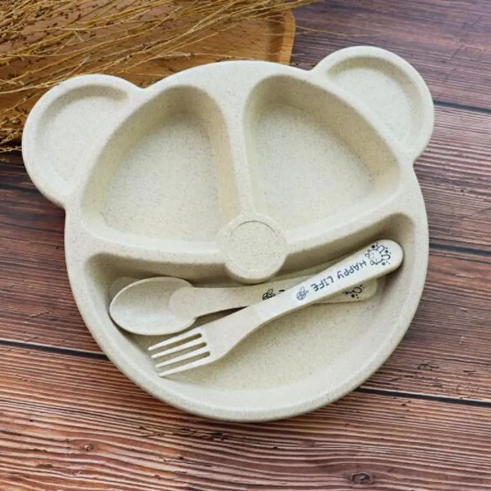 Cubs Children's Dinner Set Wheat Straw Creative Tableware Baby Dish Tray Breakfast Addition Fork and Spoon | Дом и сад
