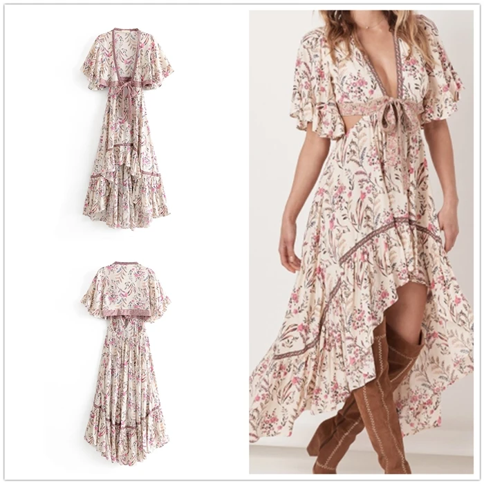 Boho шикарное летнее винтажное асимметричное женское платье с цветочным принтом Новая мода открытая спина с поясом пляжные платья Vestido Mujer