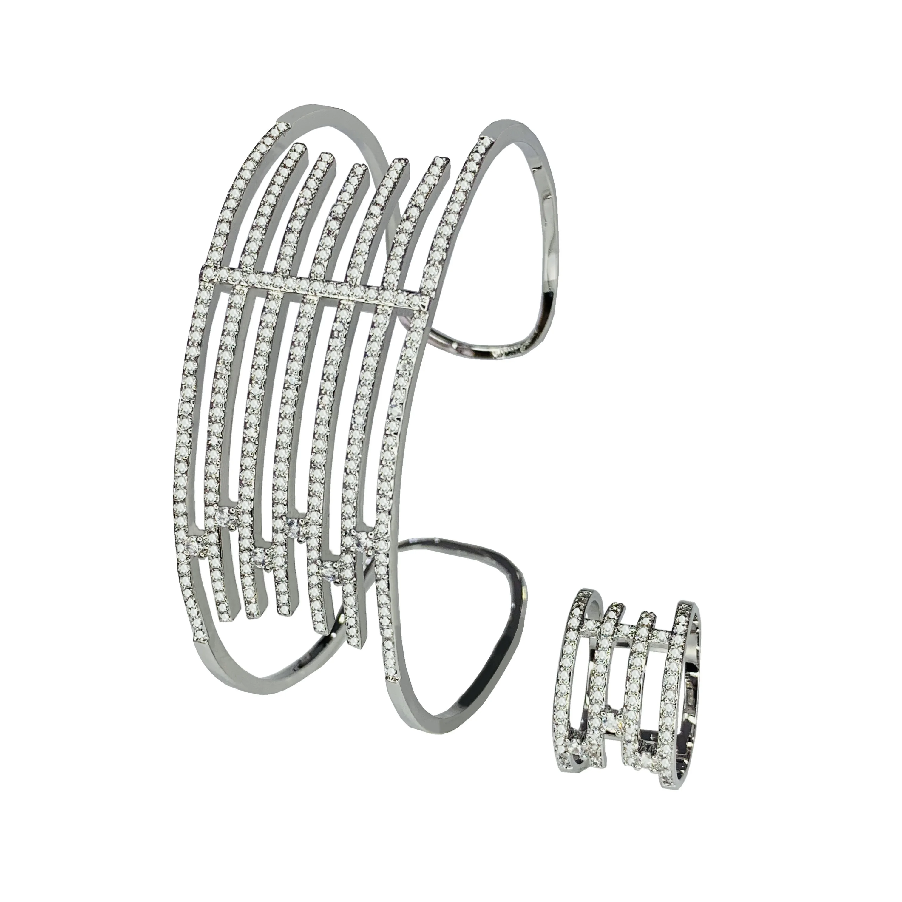 

Роскошный классический браслет с открытой линией TC с кольцом, набор ювелирных изделий из меди и циркона, искусство, свадебные украшения, подарок для женщин B0520