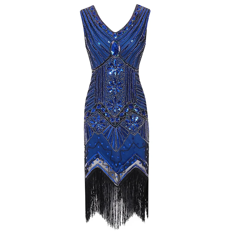 Blue Dress Винтажное женское платье 1920s Gastby со сплошным расшитым блестками Сетчатое платье в стиле модерн украшенное бахромой платье размера плюс черный/зеленый/белый/золотой - Цвет: Blue Dress