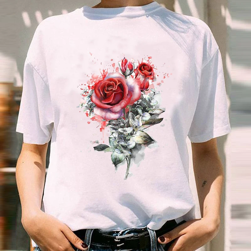 

Women T-Shirt Graphic Floral Flower New Cute 90s Happy Valentine's Day Fashion Lady Print Female Clothes Tops Tees T-Shirt